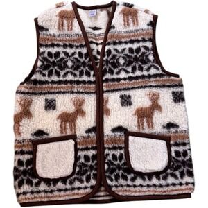 Eluna Women XXXXL Fleece Vest Elk Fair‎ Isle Pockets Brown White 100% Wool
